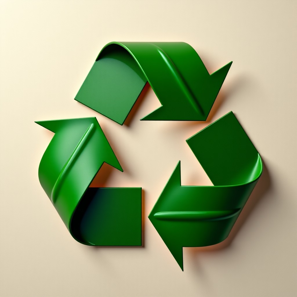 An artistic composition of green leaves intertwined with high-quality fabric and a recycling symbol. The background is a soft textured neutral tone, creating a calm and eco-friendly atmosphere. 4:3