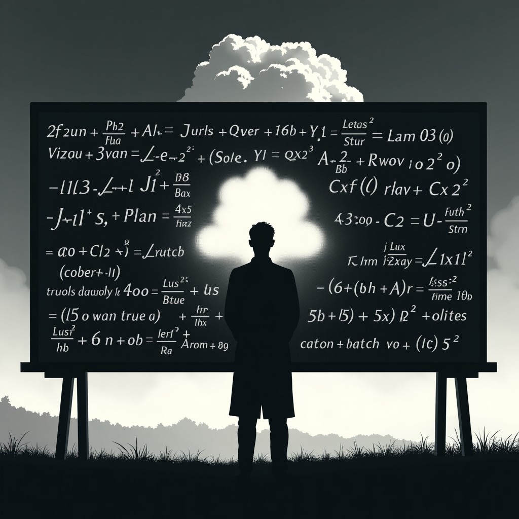 A silhouette of a scientist standing in front of a large blackboard filled with complex mathematical equations, the shadow of a mushroom cloud faintly visible in the background, artistic rendering 4:3