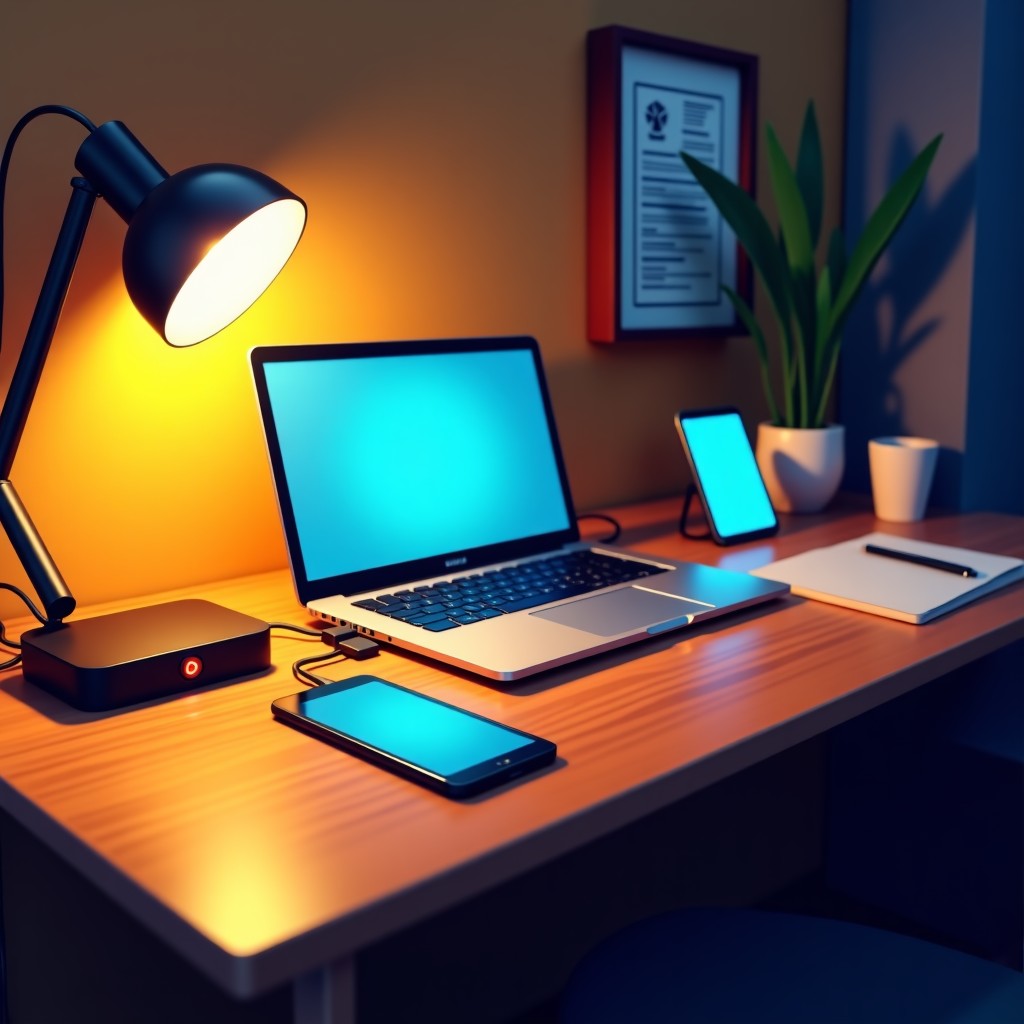 A cozy college dorm desk with a laptop, smartphone, and tablet connected to a multi-tab power strip. Warm desk lamp lighting, organized and realistic setting, 4:3.