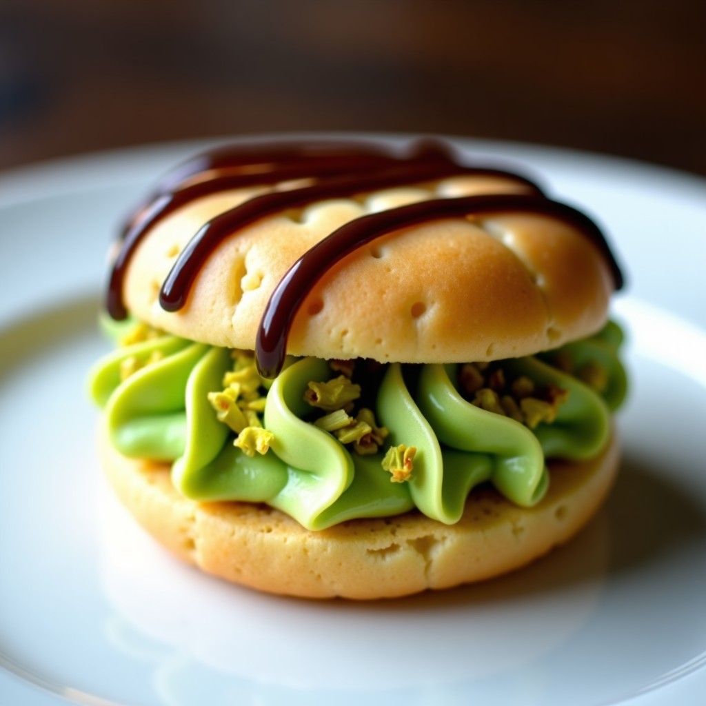 Close-up of a crispy dessert cookie filled with bright green pistachio cream and shredded pastry, chocolate drizzle on top, elegant white plate, professional food photography. 4:3