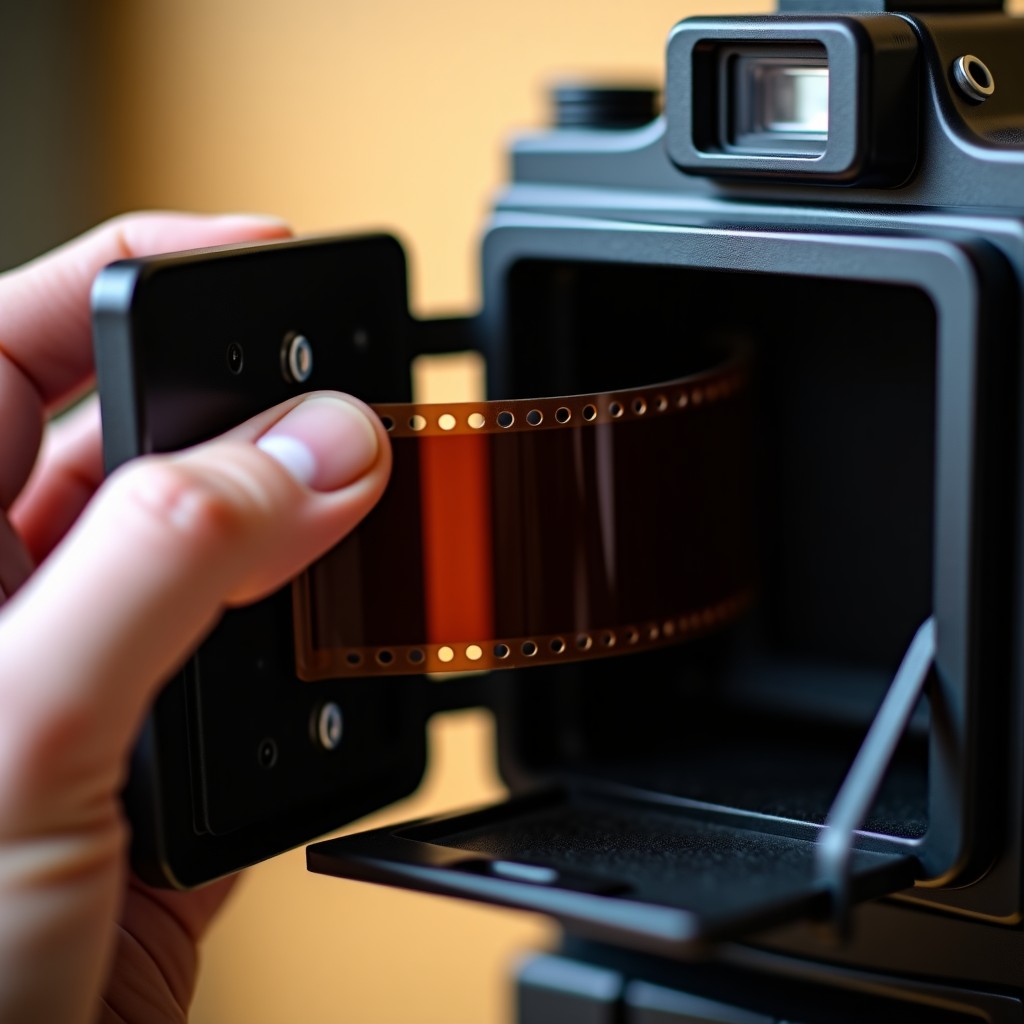 Realistic close up of loading a 35mm film roll into the back of an open vintage camera, focused on the film leader, soft indoor lighting, 4:3