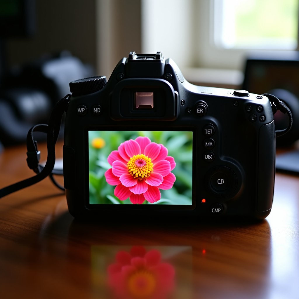 Close up of the back of a vintage digital camera showing a colorful flower photo on its 2.5 inch LCD screen. Indoor lighting with some camera accessories nearby. 1:1