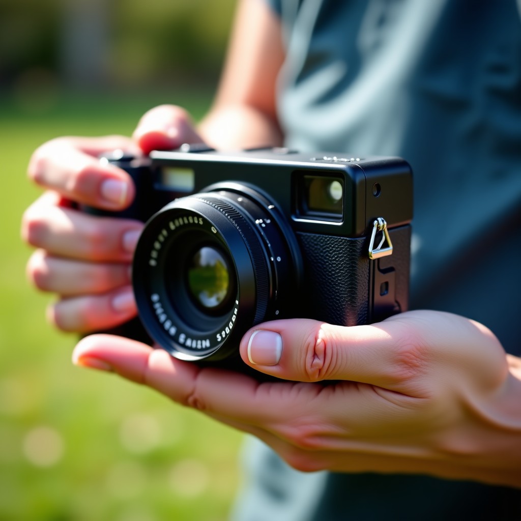 A close-up of a person hand sliding down the front cover of a slim vintage digital camera to reveal the lens, natural outdoor lighting, shallow depth of field, 4:3