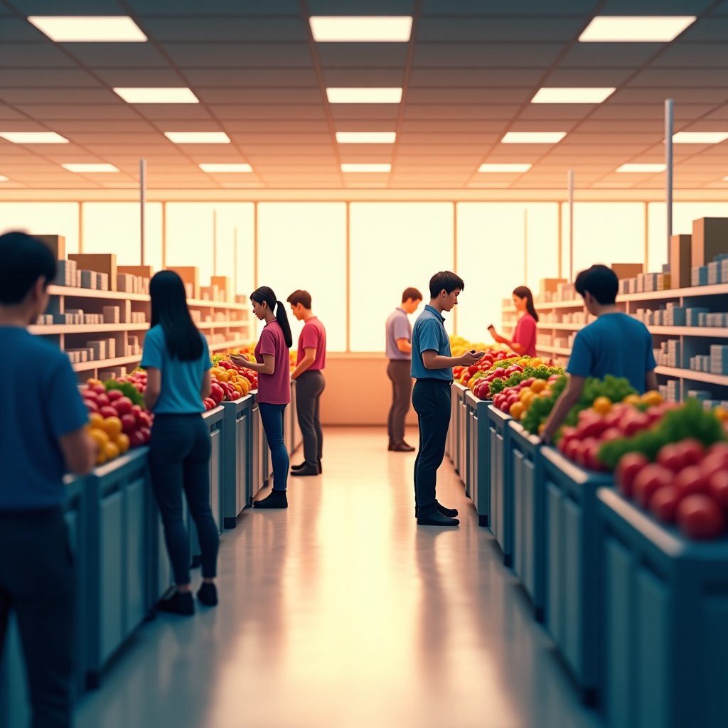 A busy Korean supermarket checkout line with customers and shopping carts filled with groceries. Realistic indoor lighting. 4:3