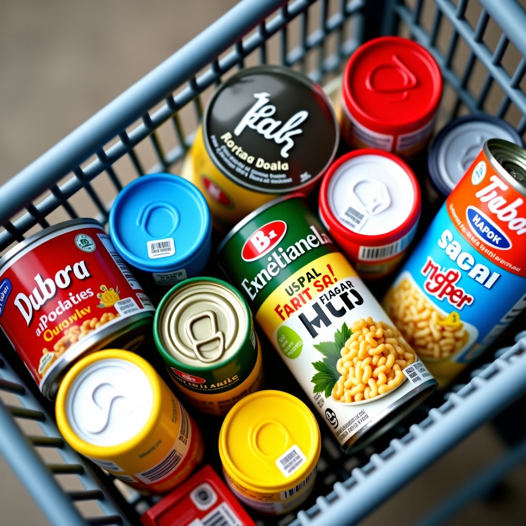 A close up top down view of a shopping cart filled with canned tuna, instant porridge, and frozen meal packages. The focus is on the variety of packaged food items. Sharp details, colorful packaging. 4:3