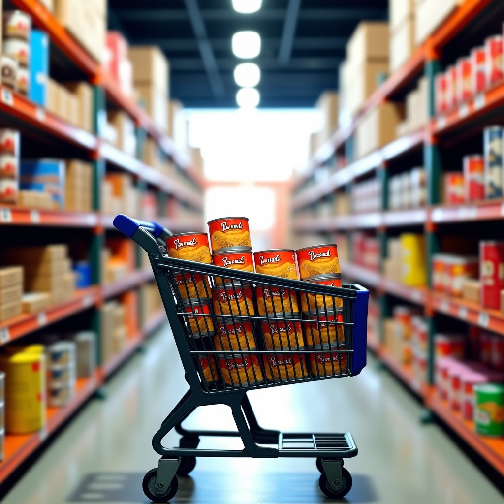 A shopping cart inside a warehouse club store filled with multi-packs of canned tuna and instant rice bowls. The focus is on the variety of bulk grocery items. Bright store lighting. 1:1