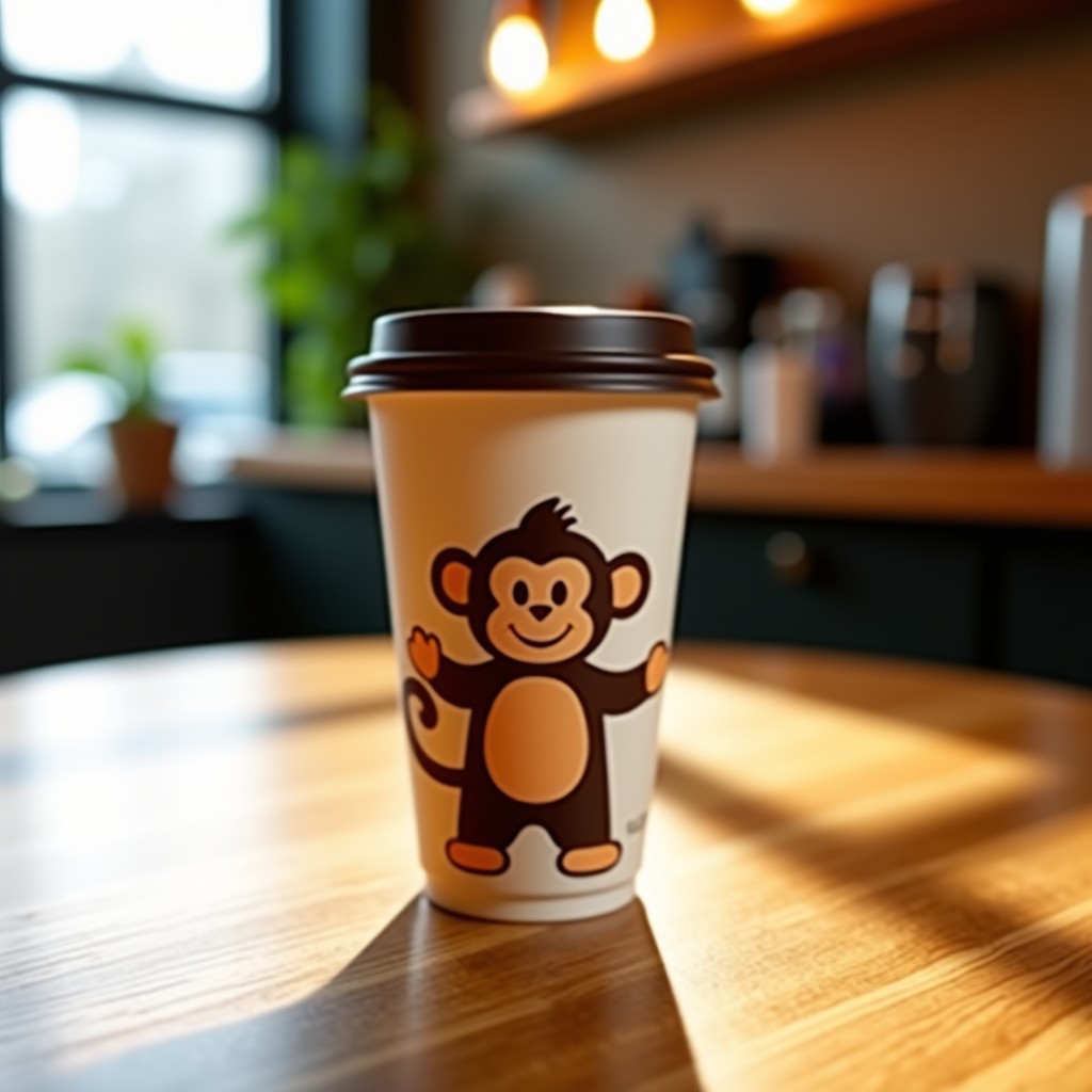 A cute reusable cup with a monkey character on a wooden cafe table, warm natural lighting, high quality lifestyle photography, 1:1
