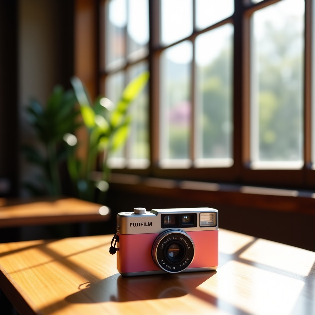 A vintage pink and silver Fujifilm FinePix camera placed on a wooden cafe table, soft summer sunlight streaming through a window, warm and nostalgic atmosphere, high quality lifestyle photography, 4:3