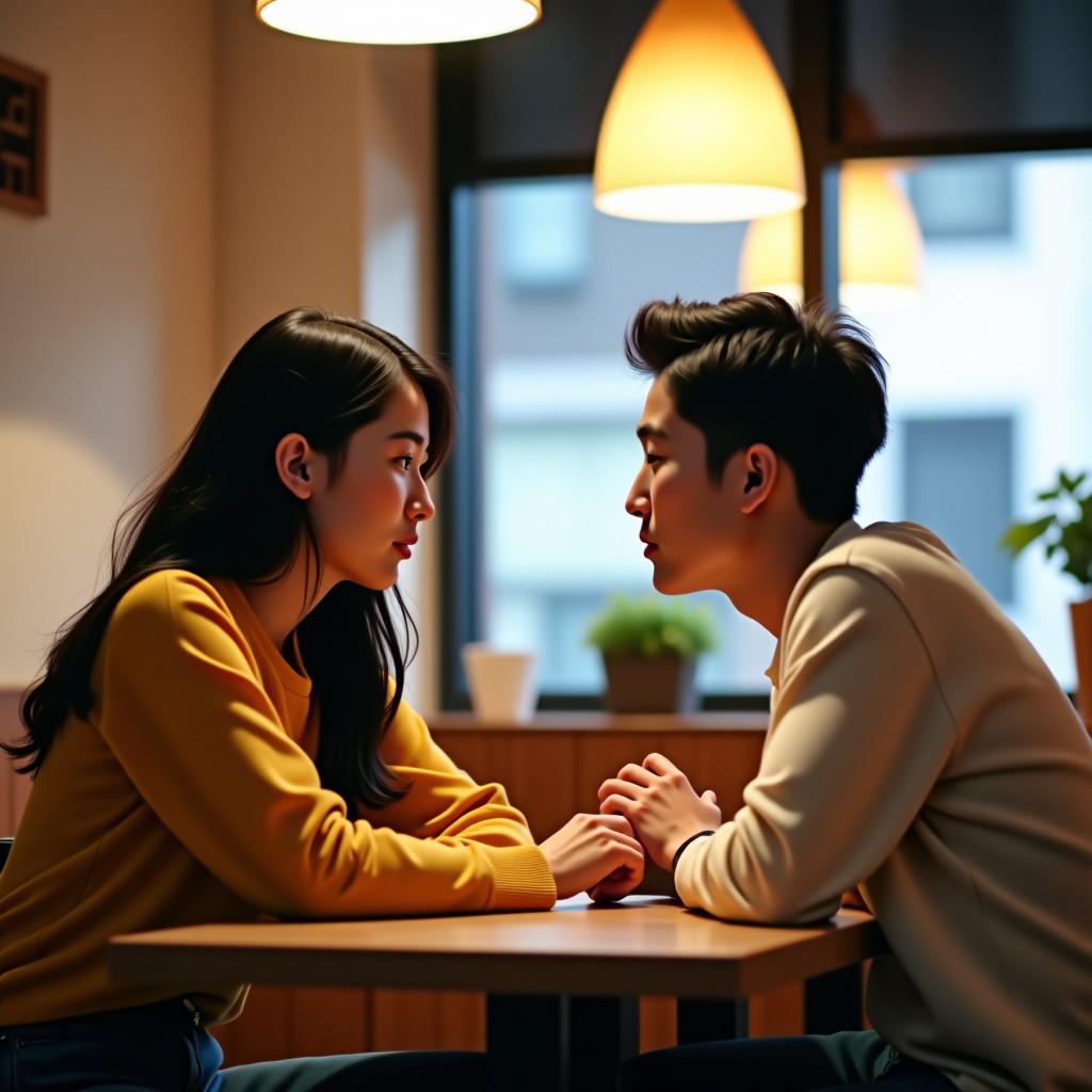 A young Korean couple sitting in a trendy cafe one person looking slightly repulsed or awkward while the other talks expressive body language natural lighting soft focus background 4:3