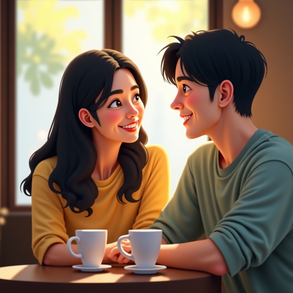A young Korean couple sitting in a cozy cafe, looking at each other with warm smiles, natural lighting, soft atmosphere, high quality photography. 4:3