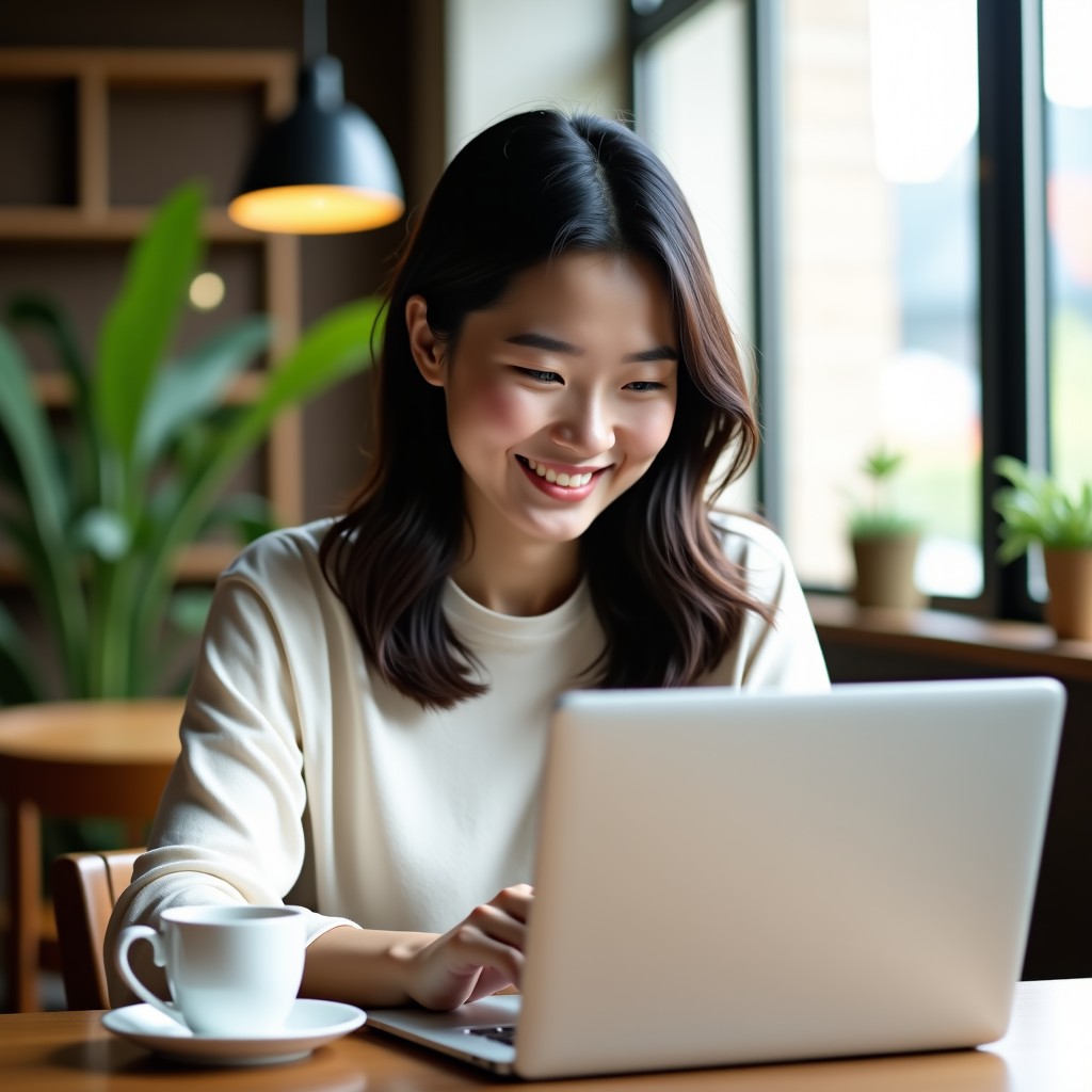 A Korean woman sitting in a cozy cafe with a laptop and a coffee, checking her smartphone with a relaxed and happy expression, natural sunlight through the window, lifestyle photography, detailed and high quality, 1:1
