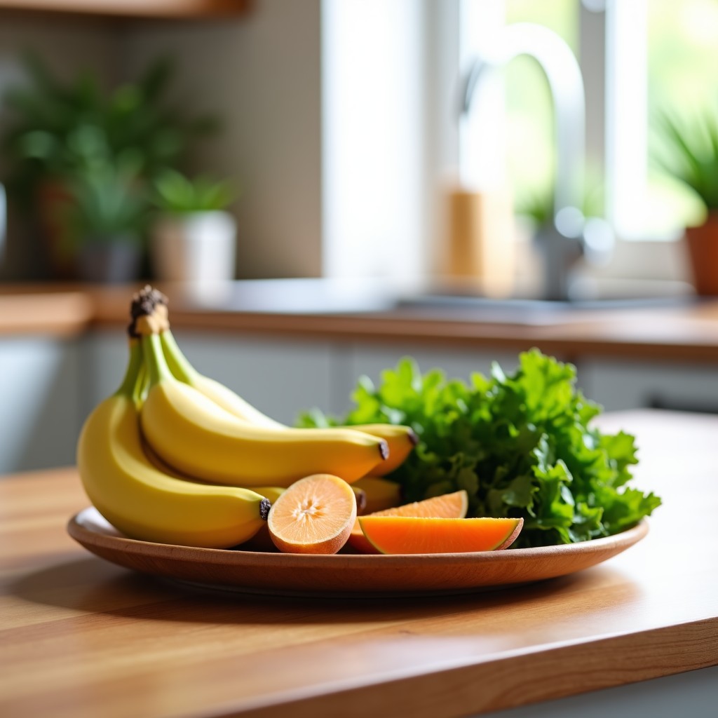 A wooden plate with bananas and sweet potatoes and green vegetables on a bright kitchen table, fresh and healthy vibe, 4:3