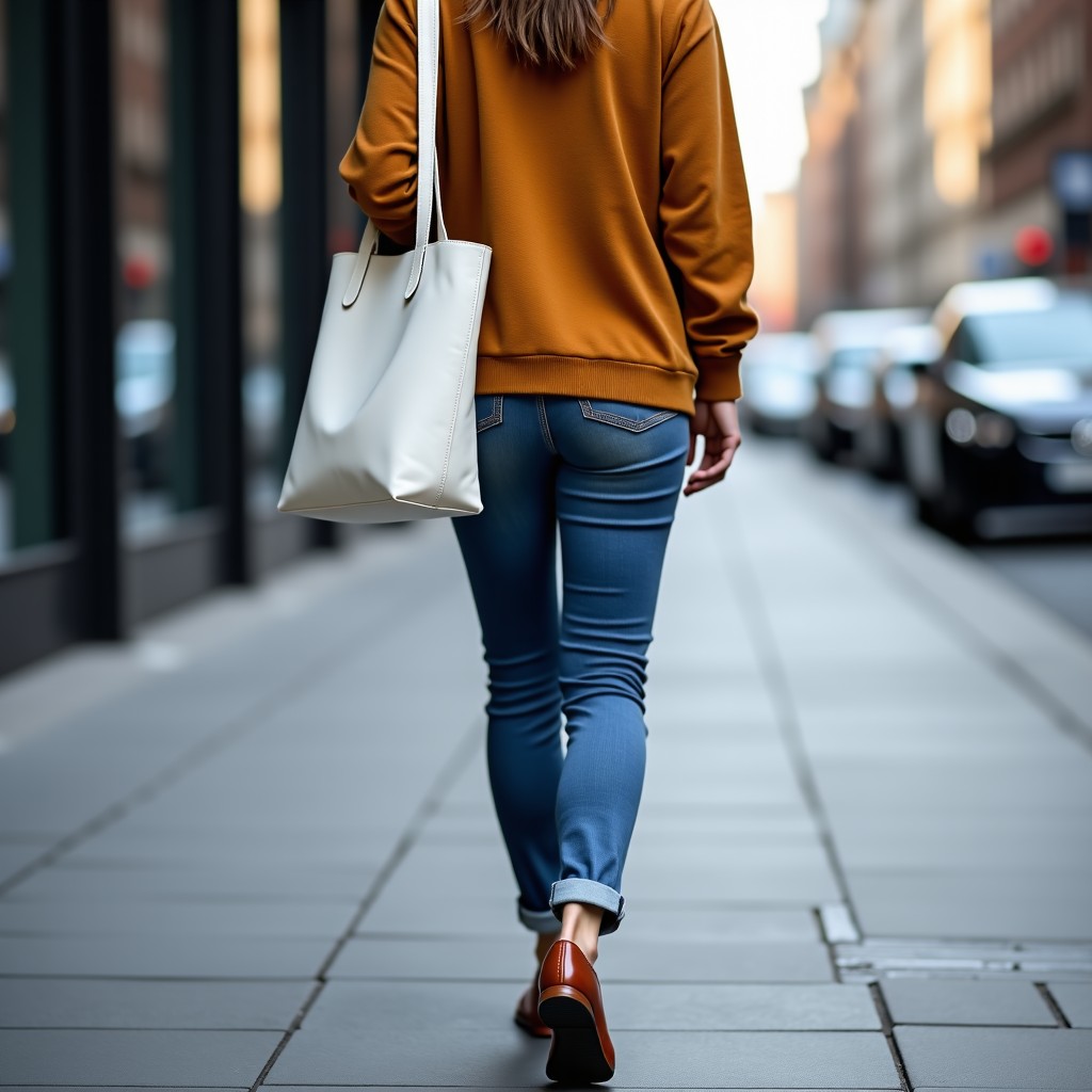 A person wearing a casual stylish outfit holding a white leather tote bag walking on a city street. Natural movement, urban background, 4:3