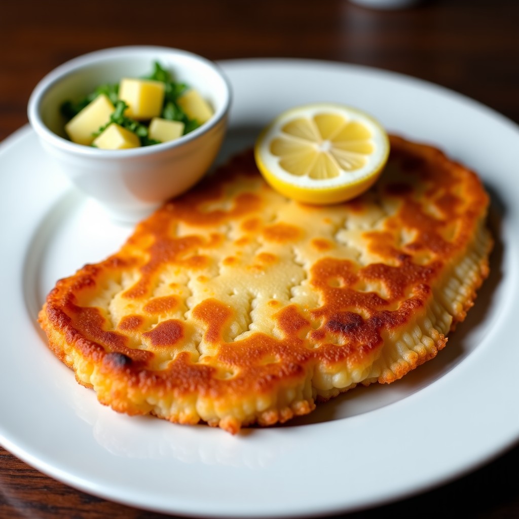 A very large thin golden-brown breaded pork schnitzel served on a white plate covering the entire dish. A slice of lemon on top and a small bowl of Austrian potato salad with greens on the side. High quality food photography. 4:3