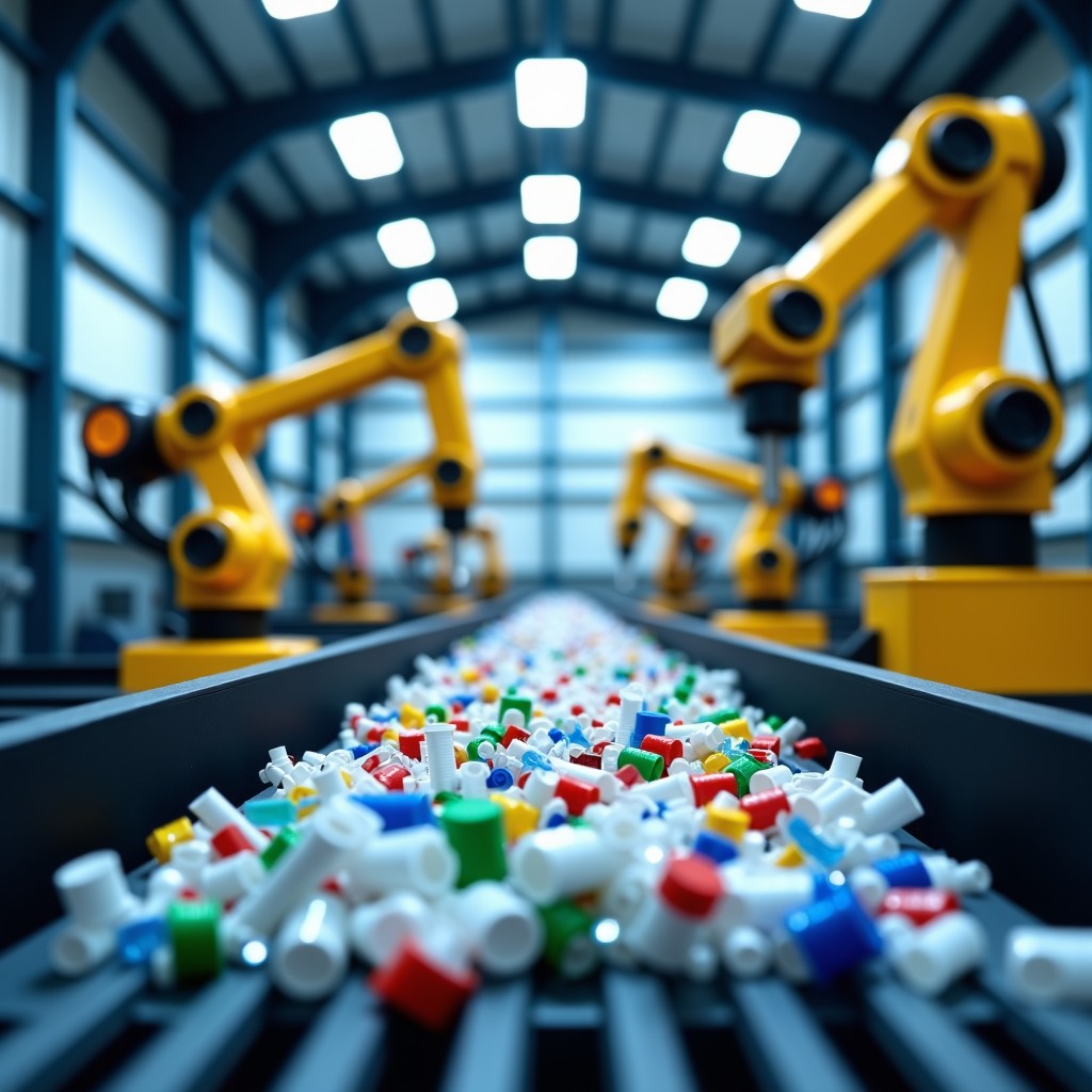 A high-tech recycling sorting facility with conveyor belts and robotic arms sorting plastics and paper, clean and modern atmosphere, 4:3