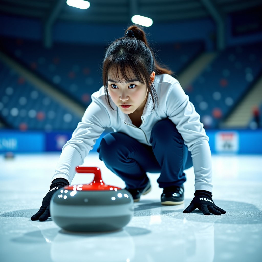 Close up shot of a Korean female athlete looking at a curling stone on ice, determined look, icy atmosphere, stadium seating blurred in background, high contrast, vibrant blue and white tones, realistic sports photography, 4:3