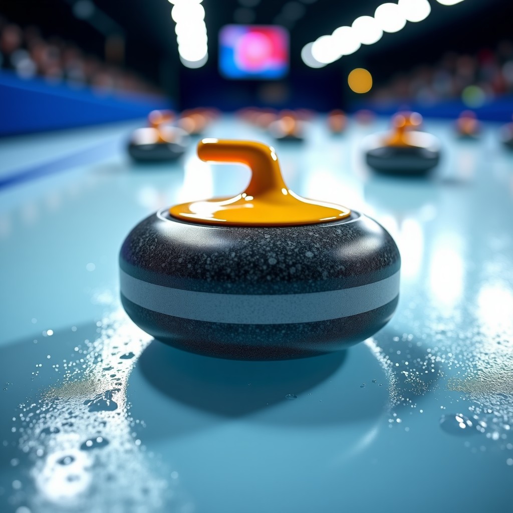 Close up of a curling stone gliding on textured ice, water droplets on the surface, bright reflections of stadium lights, professional sports equipment, high resolution, macro photography style, 4:3