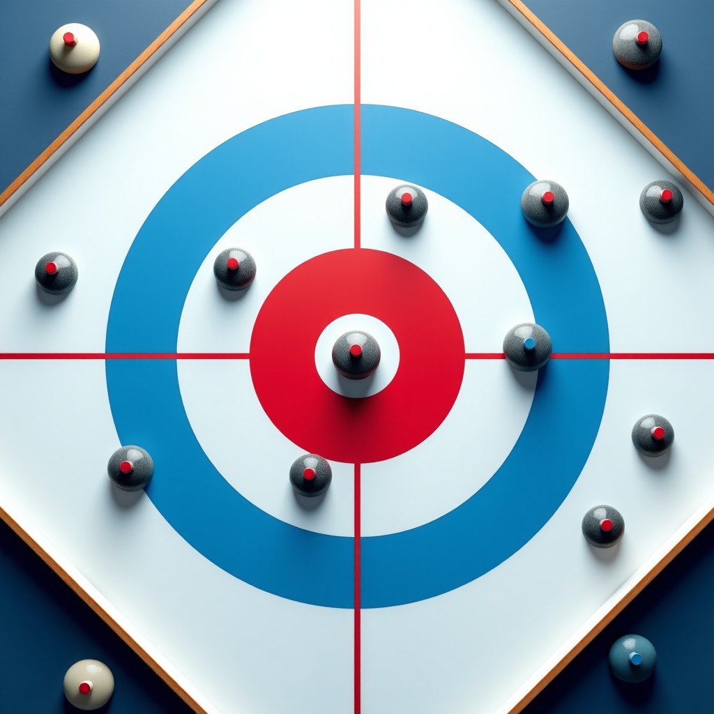 A high-contrast, modern infographic layout of a curling house on ice with several stones positioned strategically. The ice has a professional texture with blue and red concentric circles. 4:3