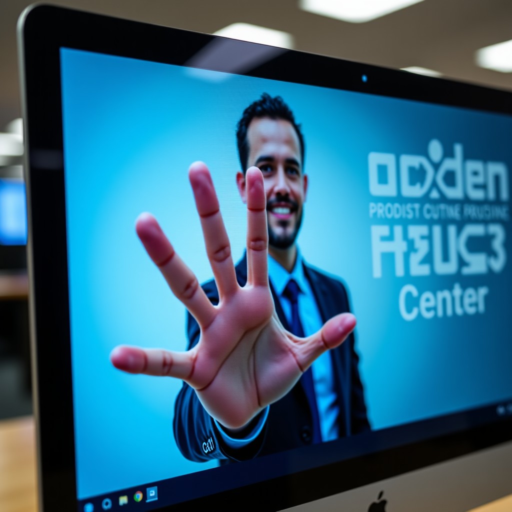 Close up of a computer screen showing a distorted AI image of a person with six fingers and blurry text on a background sign, realistic glitch art style, modern office setting, 4:3