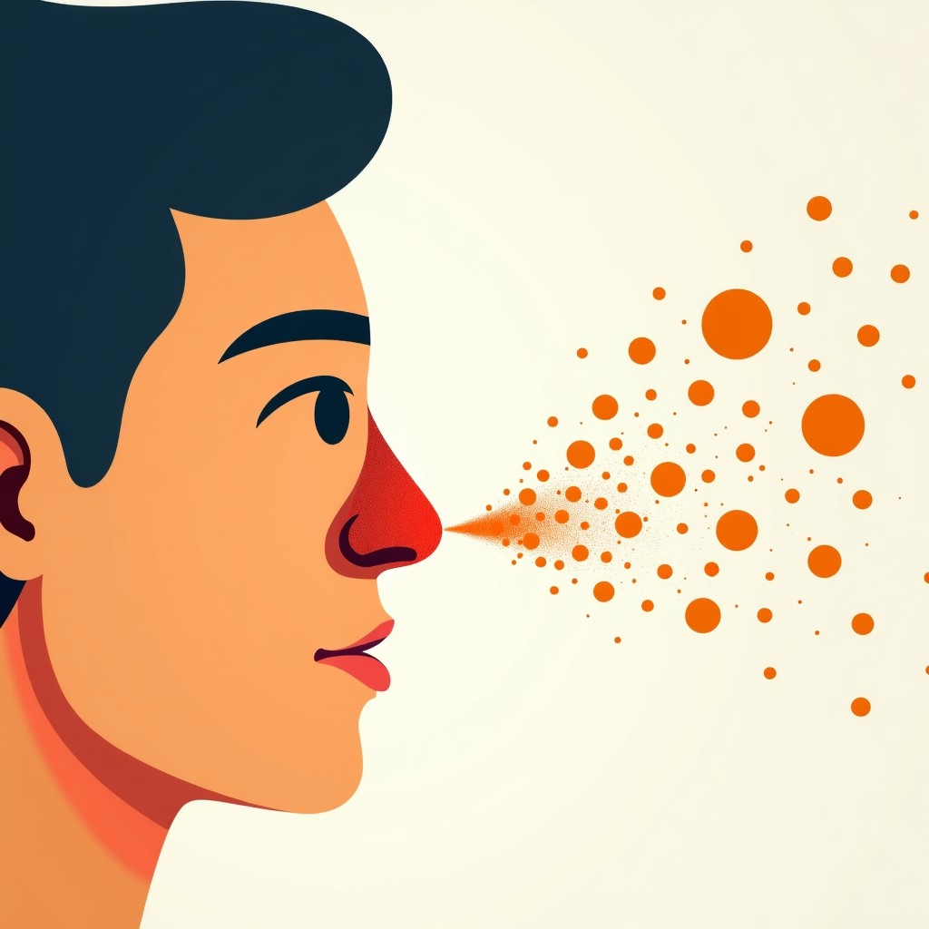 A high-contrast informational illustration showing microscopic dust particles and pollen grains floating in the air and entering a human nasal passage, clean infographic style, 1:1