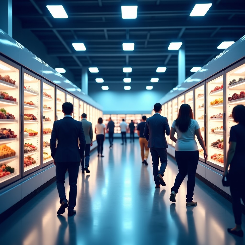 People browsing the large freezer section of a warehouse store. Glass doors showing various frozen meal packages, bright interior lights reflecting on the floor, busy but organized shopping scene. 4:3