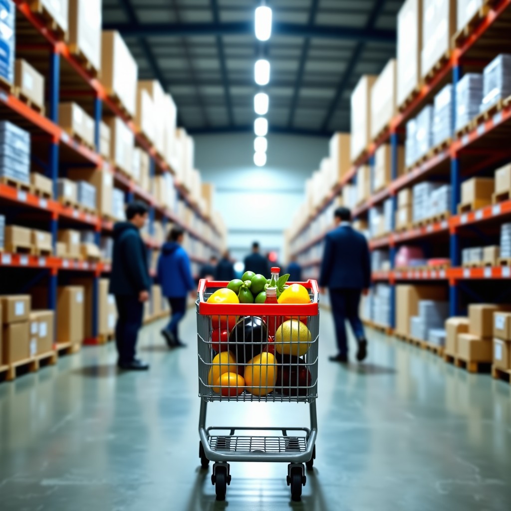 A wide-angle interior shot of a busy Costco wholesale warehouse in Korea. High shelves are filled with bulk products. In the foreground, a shopping cart is filled with various groceries like fruits and oils. People are browsing the aisles. Bright industrial lighting, clean and modern atmosphere. 4:3