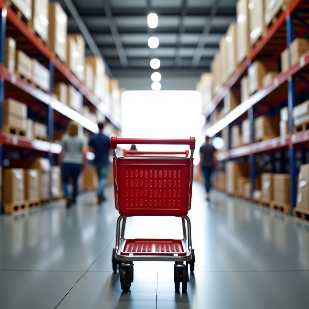 A first-person perspective of pushing a red shopping cart into a large modern warehouse club store. Bright lighting, rows of products visible in the background, bustling atmosphere with shoppers, clean and organized. 4:3