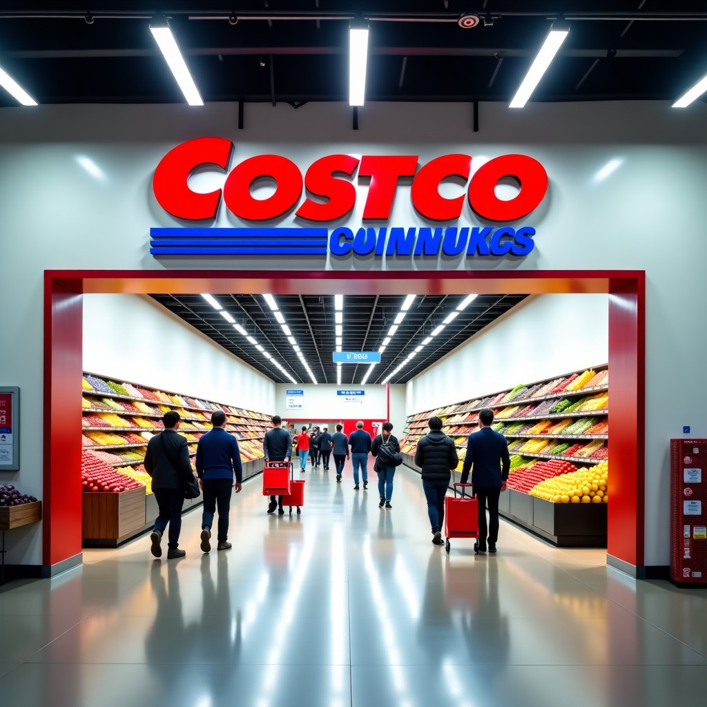 A wide shot of a modern Costco entrance in Korea, vibrant display of fresh fruits like apples and bananas, busy shoppers with carts, bright and clean warehouse atmosphere, realistic lifestyle photography style, 4:3