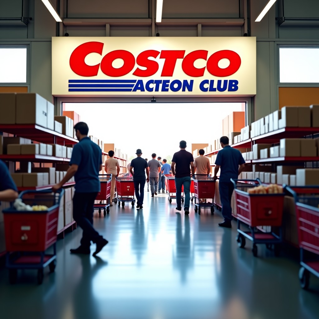 A wide shot of a busy Costco entrance with many shoppers pushing large carts filled with groceries. The atmosphere is vibrant and organized, showing a modern warehouse club environment. High contrast, bright natural lighting. 1:1