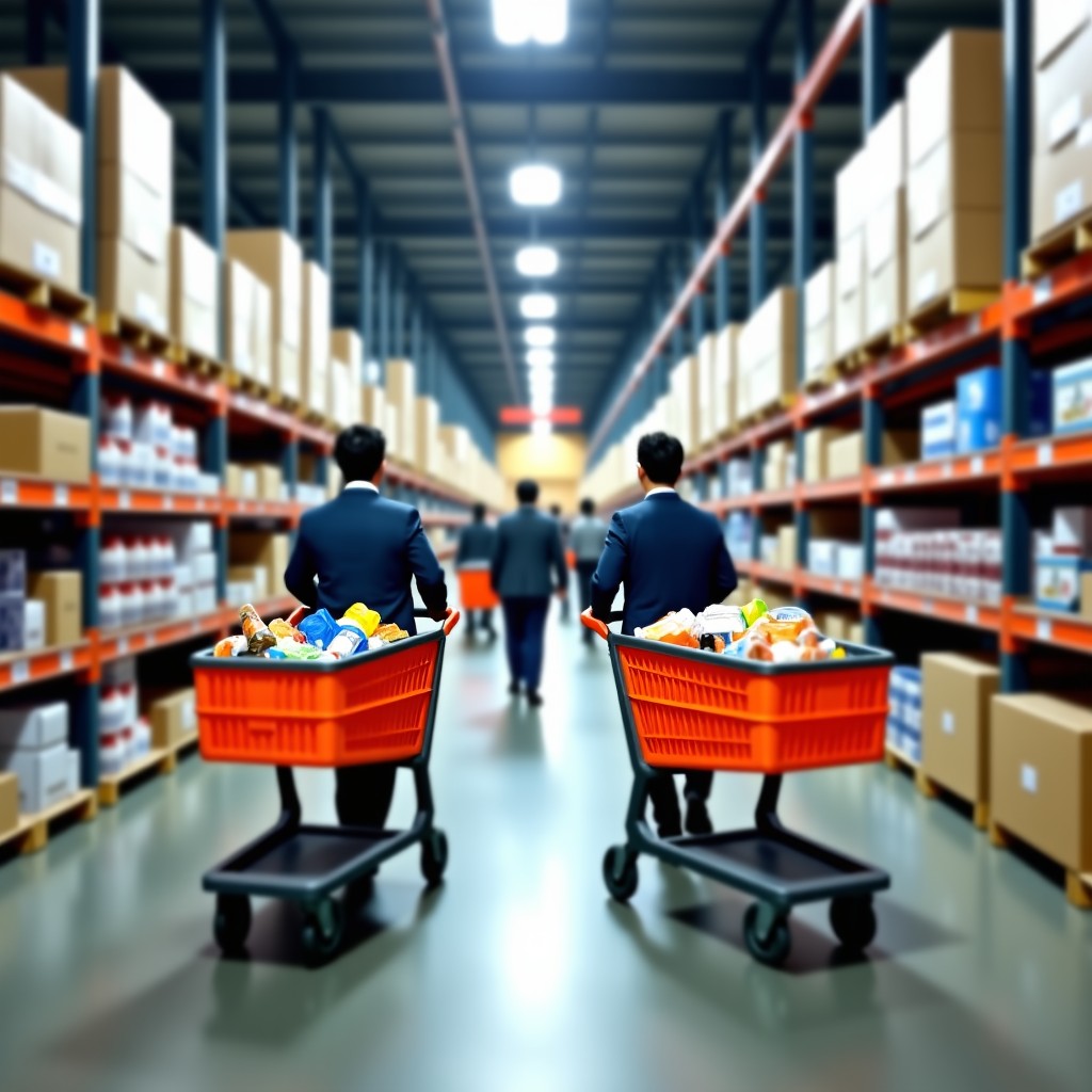A wide shot of a busy Costco wholesale warehouse interior in South Korea. People are pushing large orange shopping carts filled with various grocery items. The shelves are stocked high with bulk products. The lighting is bright and industrial. High quality realistic photography. 4:3