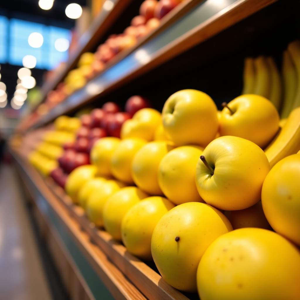 A close-up shot of vibrant yellow apples and large organic bananas neatly stacked on a wooden display shelf in a grocery store. Natural bright lighting, high quality textures, professional food photography style. 4:3