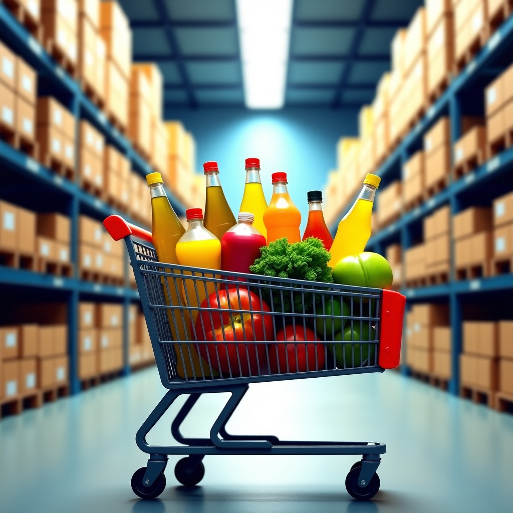 A full shopping cart at a warehouse club, filled with boxes of groceries, oil bottles, and fresh produce. The background shows the perspective of the long warehouse aisle. The composition is focused on the bounty of the shopping trip. Vibrant and realistic colors. 4:3