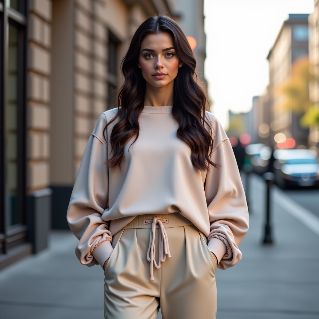 A trendy young woman wearing a modern street style outfit inspired by Y2K aesthetics, oversized fit, muted neutral tones, urban background with soft natural spring lighting, high quality lifestyle photography, 1:1