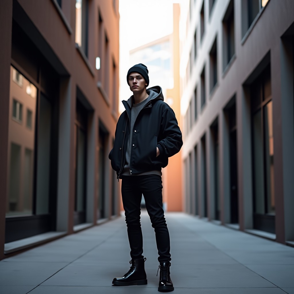 Full body shot of a stylish person wearing an oversized bomber jacket and a beanie, standing in a trendy urban alleyway, natural pose, cinematic lighting, street fashion photography, 1:1