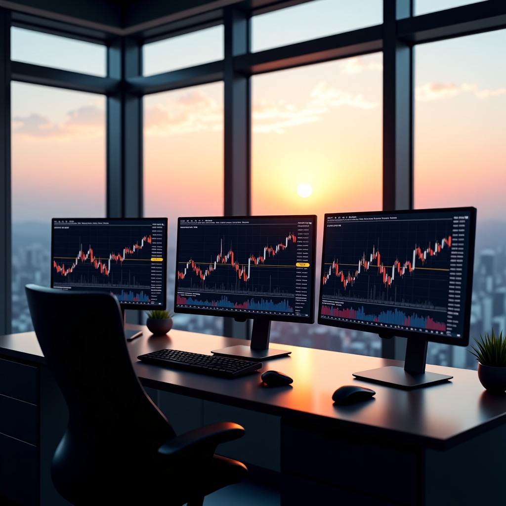 A professional Quant Trader workspace in a modern high-rise office, three large computer monitors displaying complex real-time financial charts and mathematical algorithms, warm sunset lighting coming through the window, high-end desk setup, sophisticated and professional atmosphere, 4:3