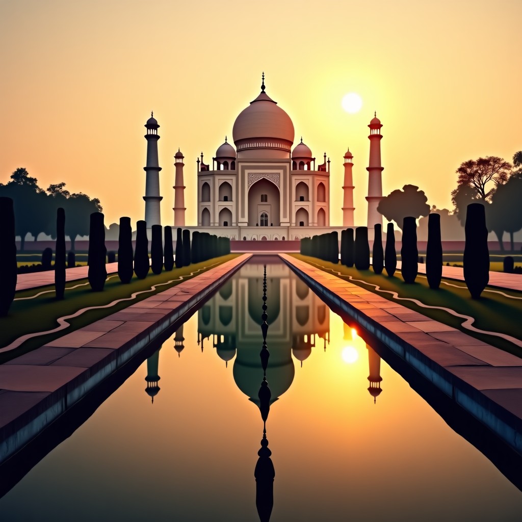 A majestic view of the Taj Mahal at sunrise with a clear reflection in the water garden, high contrast, artistic rendering, history and culture style, 4:3
