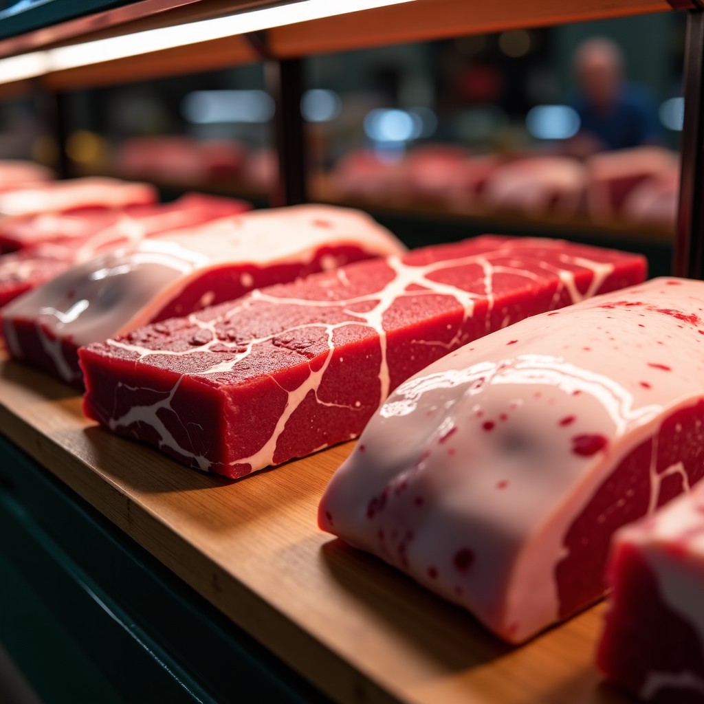 High quality meat display in a supermarket butcher section, marbled beef, fresh pork belly, packaged neatly, clean refrigerated display case, warm and appetizing lighting. 4:3