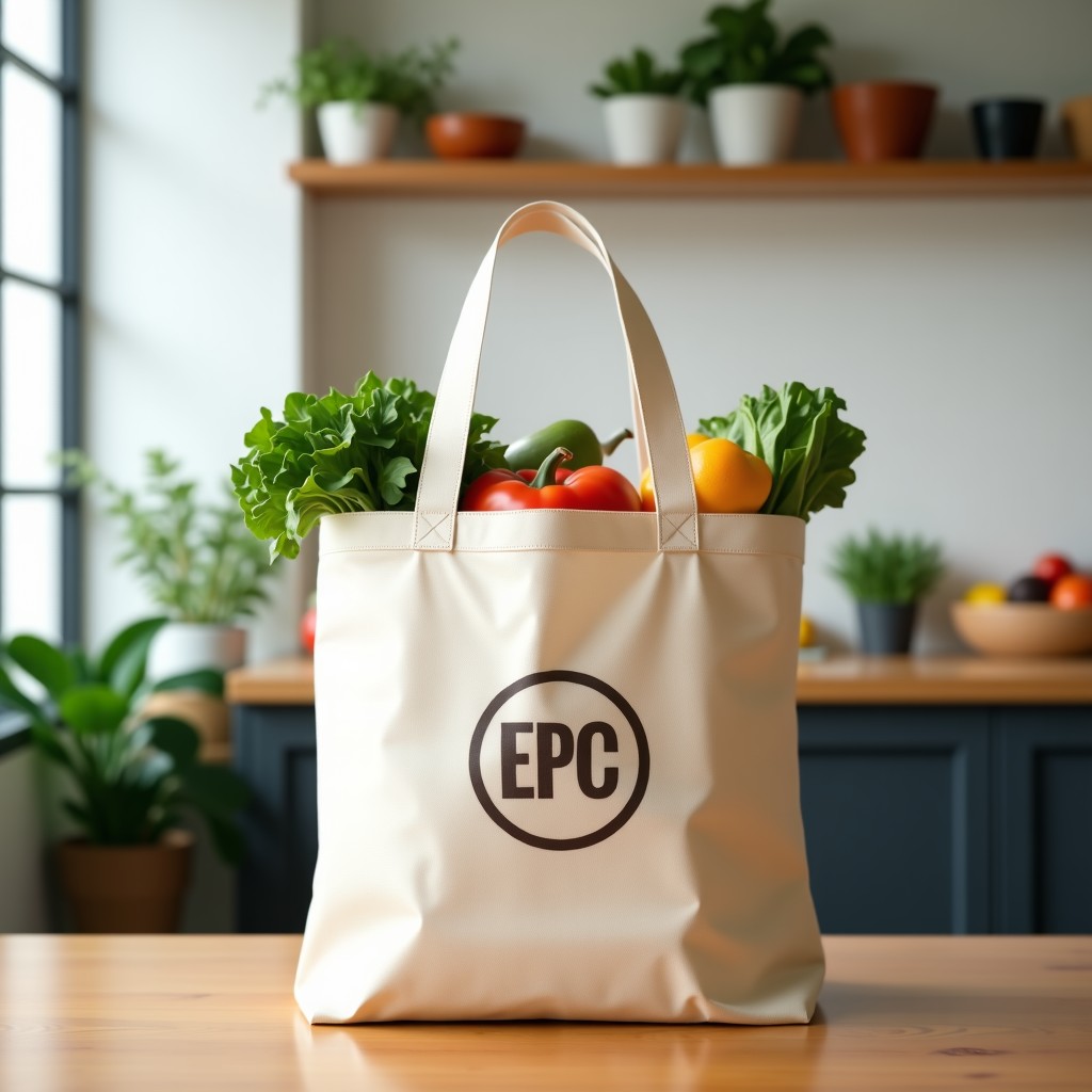 A large sturdy reusable shopping bag with a simple logo, placed on a wooden table, grocery items visible inside, clean and minimalist composition. 4:3