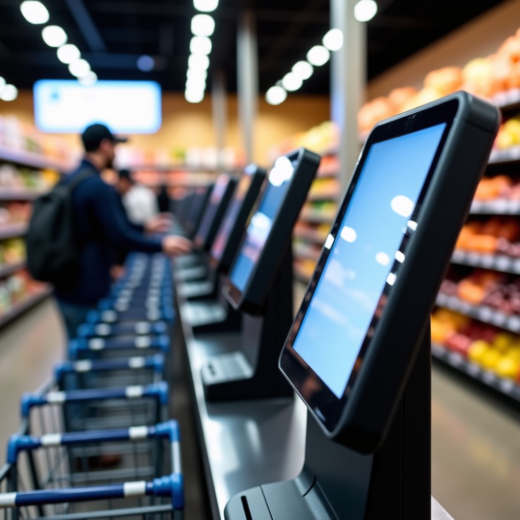 A row of modern self-checkout kiosks in a supermarket, shopping carts lined up, blurred people in the background, organized and tech-focused grocery store atmosphere. 1:1