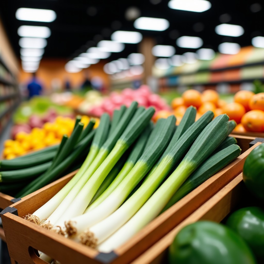 A wide view of a fresh vegetable section in a large supermarket, wooden crates filled with green onions, onions, and zucchinis, vibrant colors, bright lighting, high quality lifestyle photography. 1:1