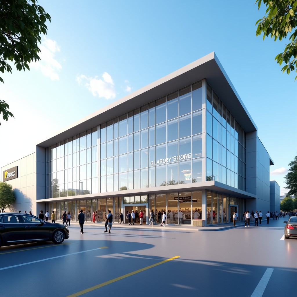 Exterior view of a large modern supermarket building in South Korea during the day, glass windows, clean architecture, people entering and exiting, spacious parking lot in front, bright and clear sky, high resolution photo style. 4:3