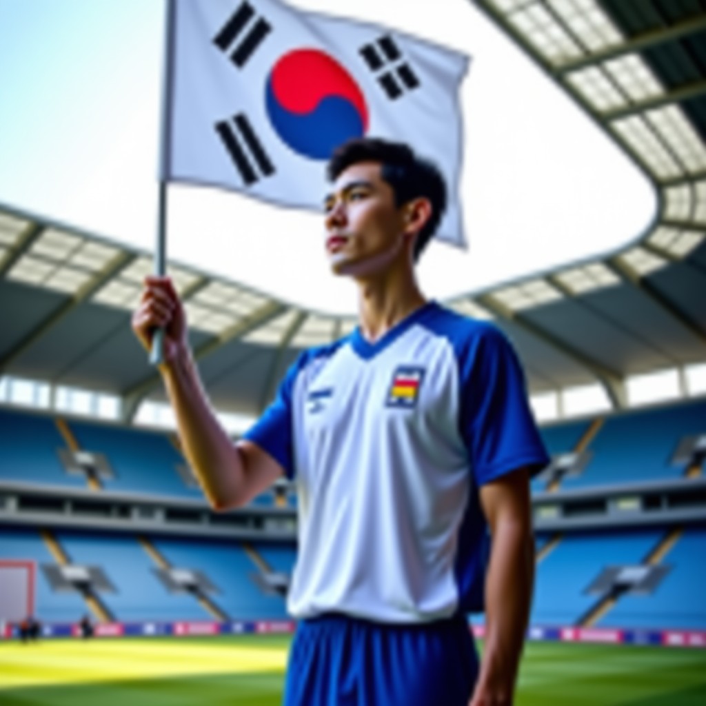 A handsome Korean athlete in a stylish athletic white and blue national team uniform holding the South Korean flag at a stadium entrance. Natural lighting, inspiring atmosphere. 1:1