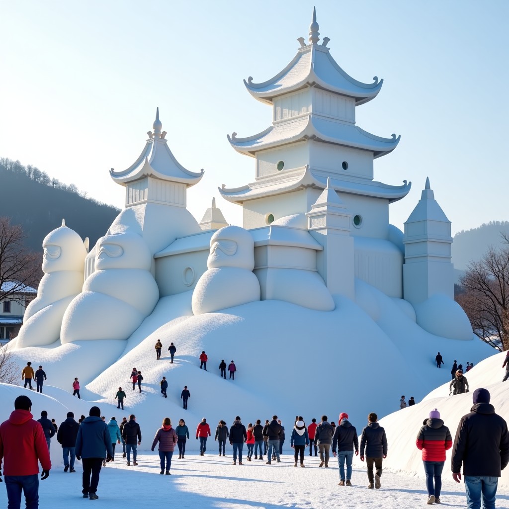 A majestic and massive snow sculpture of a traditional Korean palace and mythical creatures at a winter festival in Taebaek mountain. Soft daylight, many visitors in colorful winter jackets walking around. Realistic photography style, high detail, snowy ground. 4:3