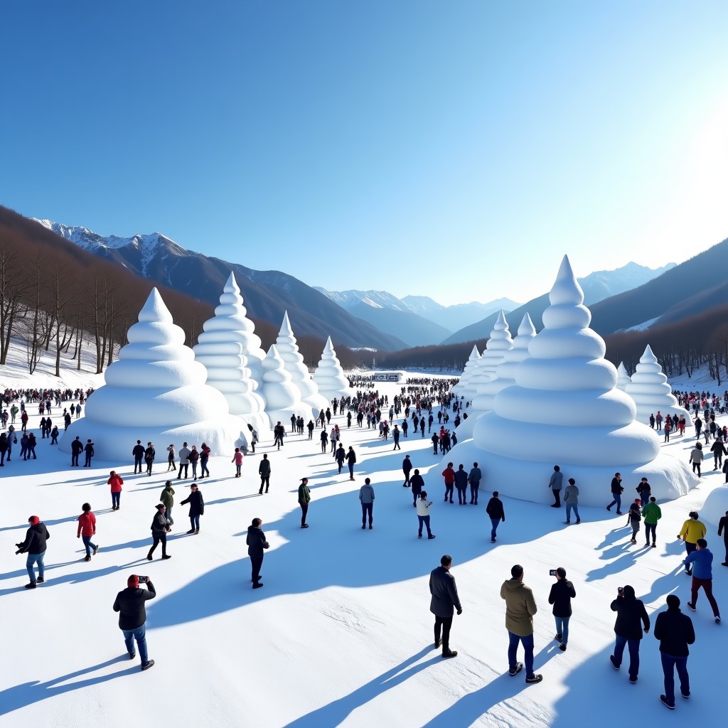 A wide landscape shot of Taebaek Mountain National Park covered in deep white snow. Massive, intricate snow sculptures created by artists are displayed in a large plaza. Many people wearing colorful winter clothes are walking around and taking photos. Clear blue winter sky, bright sunlight, majestic mountain backdrop. 4:3