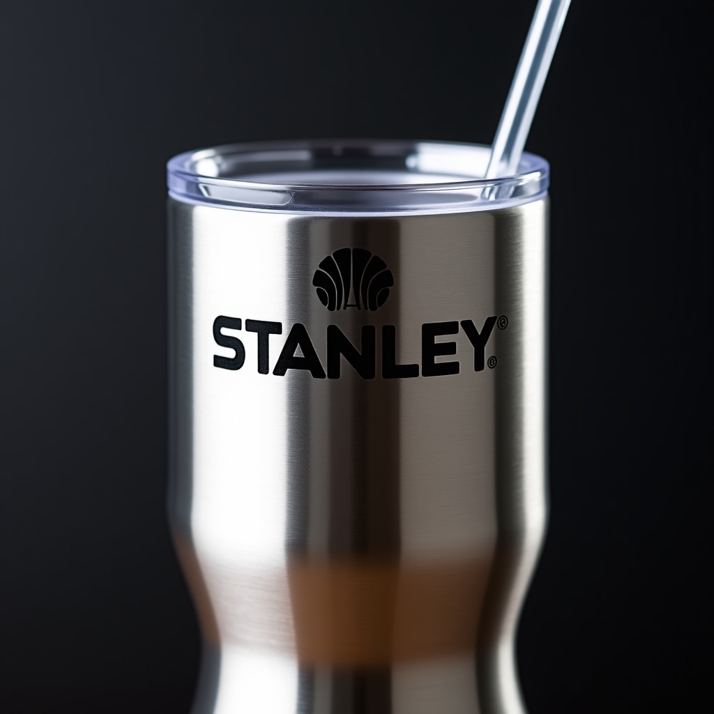Close up shot of the Stanley logo on a tumbler and the clear straw. Focus on the metallic texture and clean finish. Professional product photography with soft studio lighting. 1:1