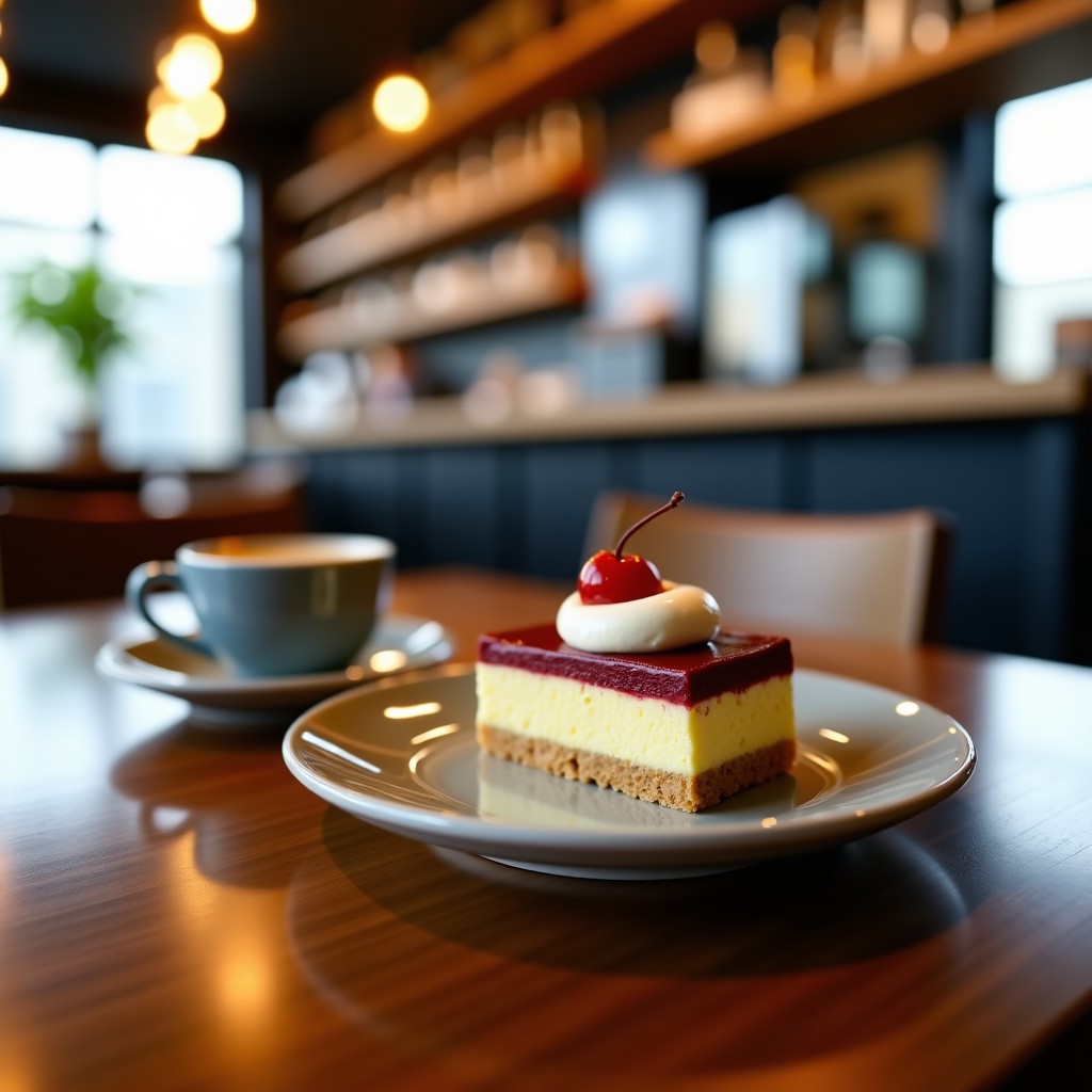 Close-up of a high-end gourmet dessert and a cup of coffee on a wooden table with a soft focus background of a cafe, cinematic lighting, 4:3