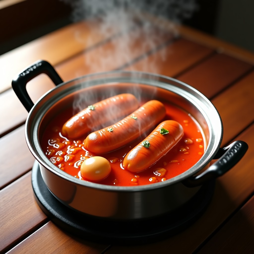 A delicious Korean Budae-jjigae spicy sausage stew in a metal pot on a wooden dining table. Realistic steam rising, high contrast, top-down view, cozy home dining atmosphere. 4:3
