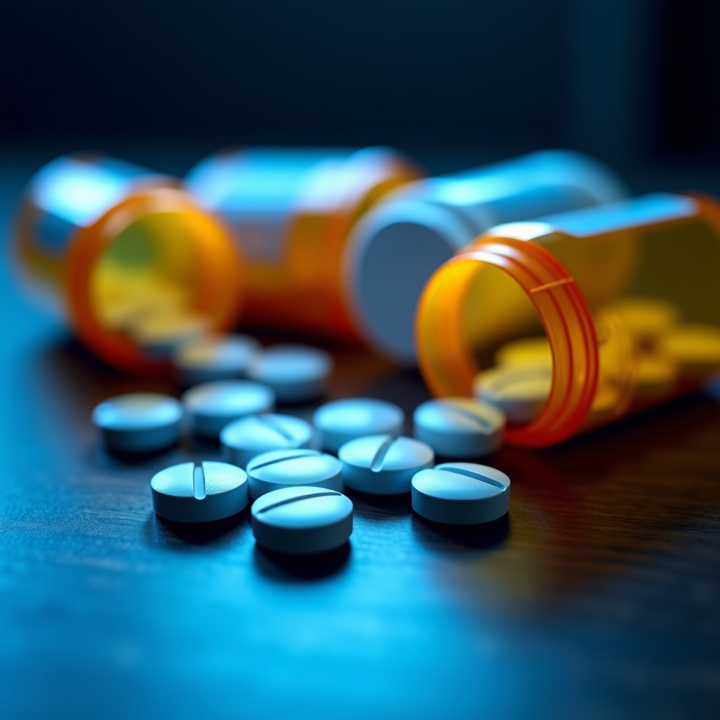 Various prescription pill bottles and scattered white tablets on a dark wooden surface. A faint blue light reflects off the plastic bottles. Close-up shot, sharp focus on the textures of the pills. Clinical but somber mood, high resolution. 4:3
