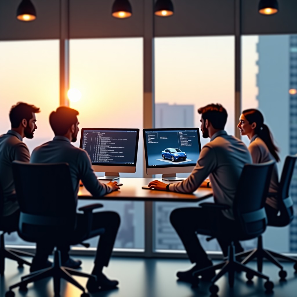 Diverse software engineers working in a modern, brightly lit office with large glass windows. Screens show lines of code and 3D car models. Warm professional atmosphere, 4:3.