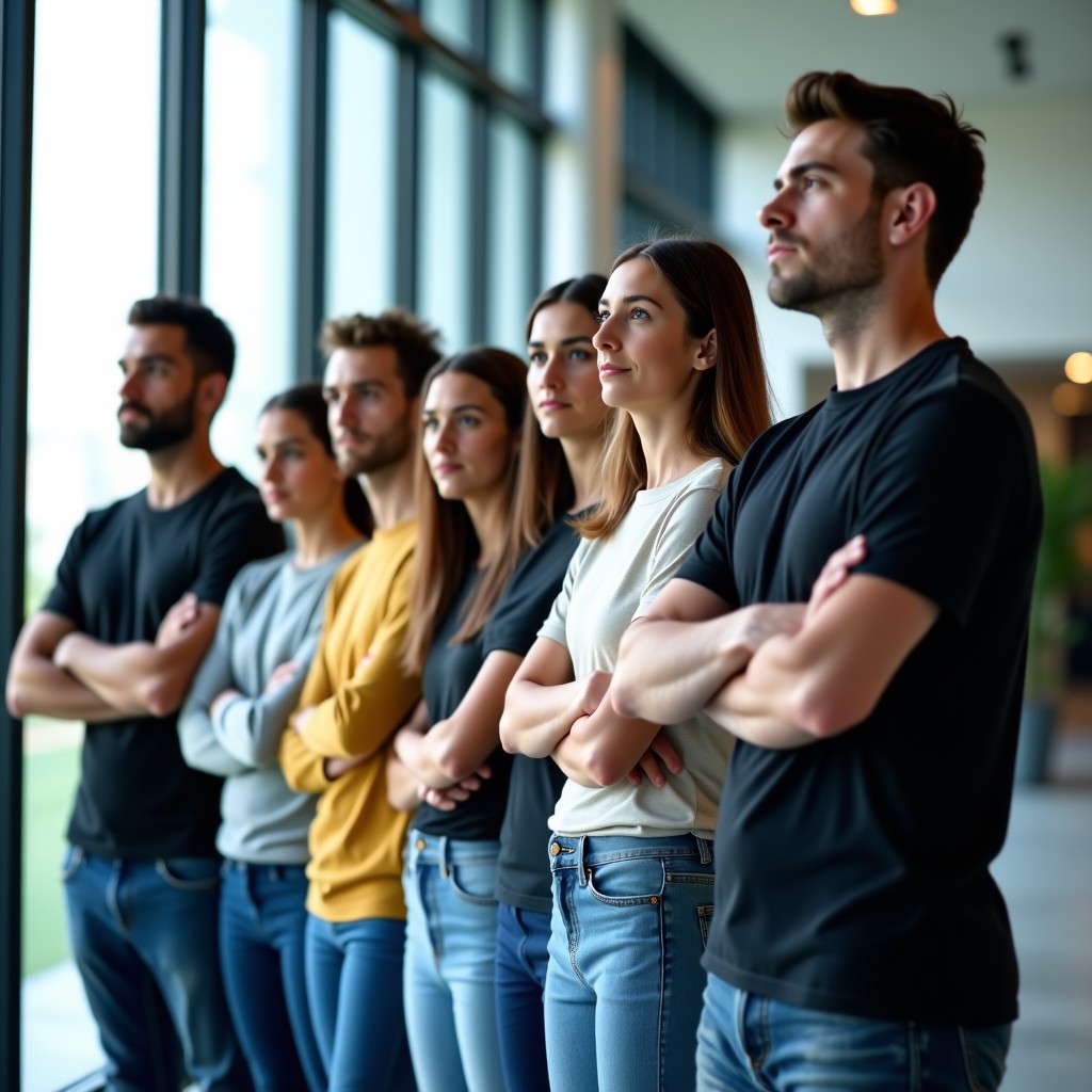 A diverse group of young professional tech workers standing together in a bright, modern office hall. They are looking forward with determined expressions. The background features large glass windows and clean architectural lines. Natural lighting, lifestyle photography, 4:3.